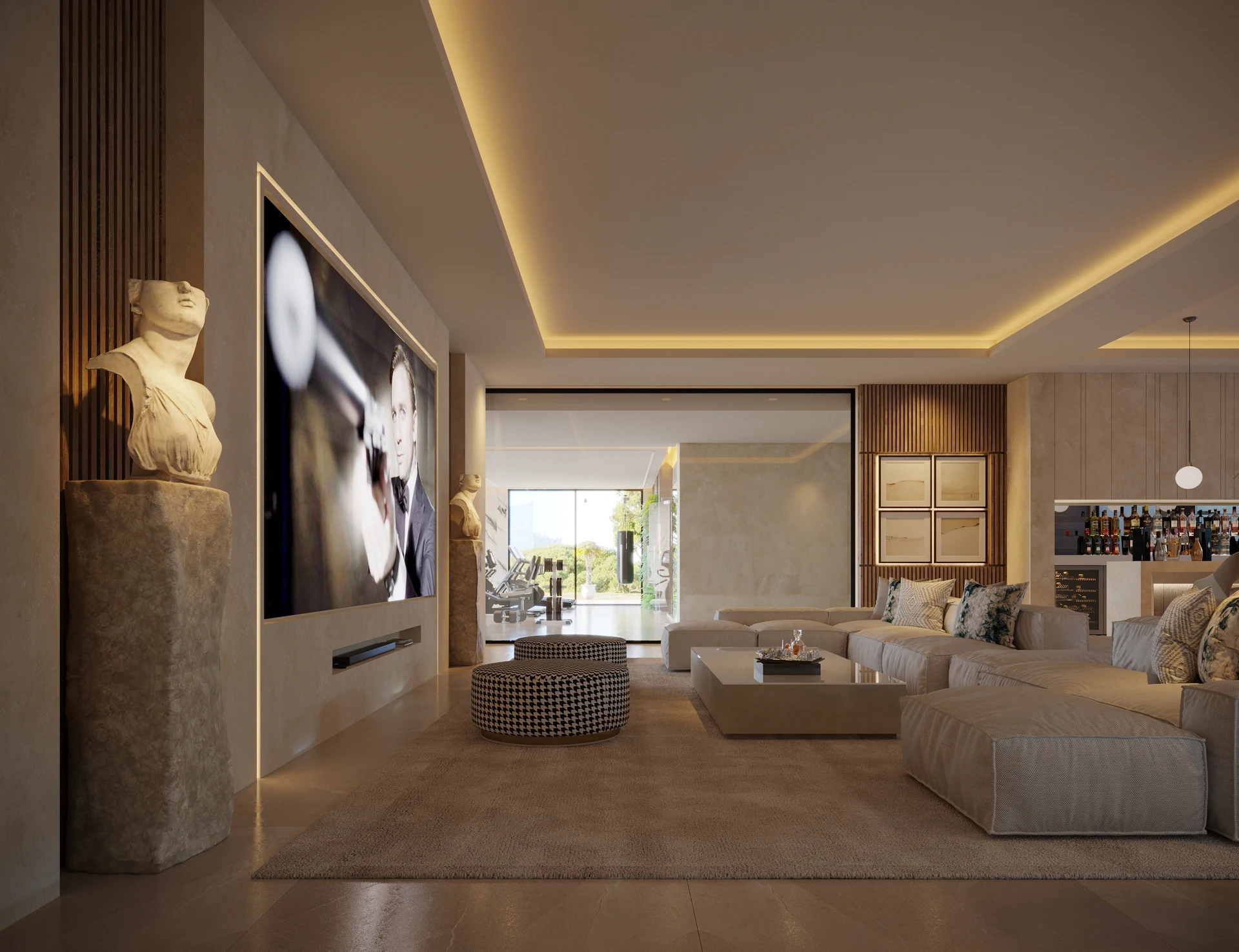 Cinema and entertainment room with a large screen and warm indirect lighting