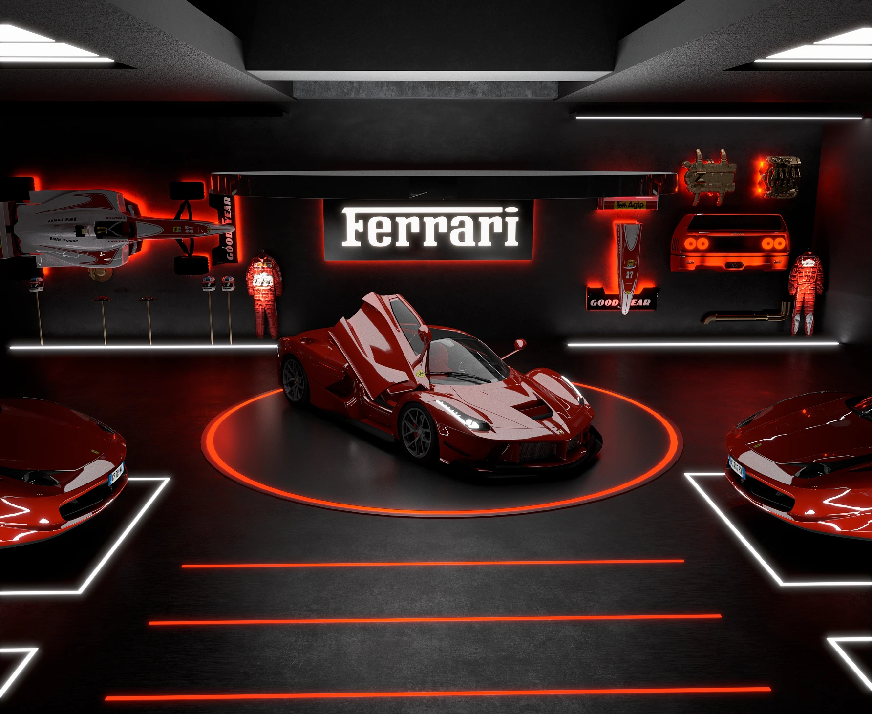 Ferrari collection garage with a central LaFerrari display and red lighting