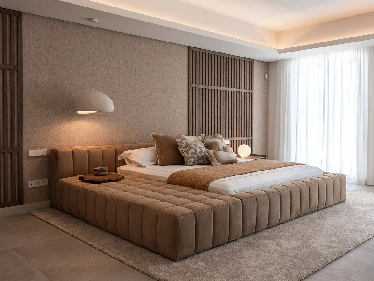 Principal bedroom with upholstered furniture, timber detailing and soft curtains