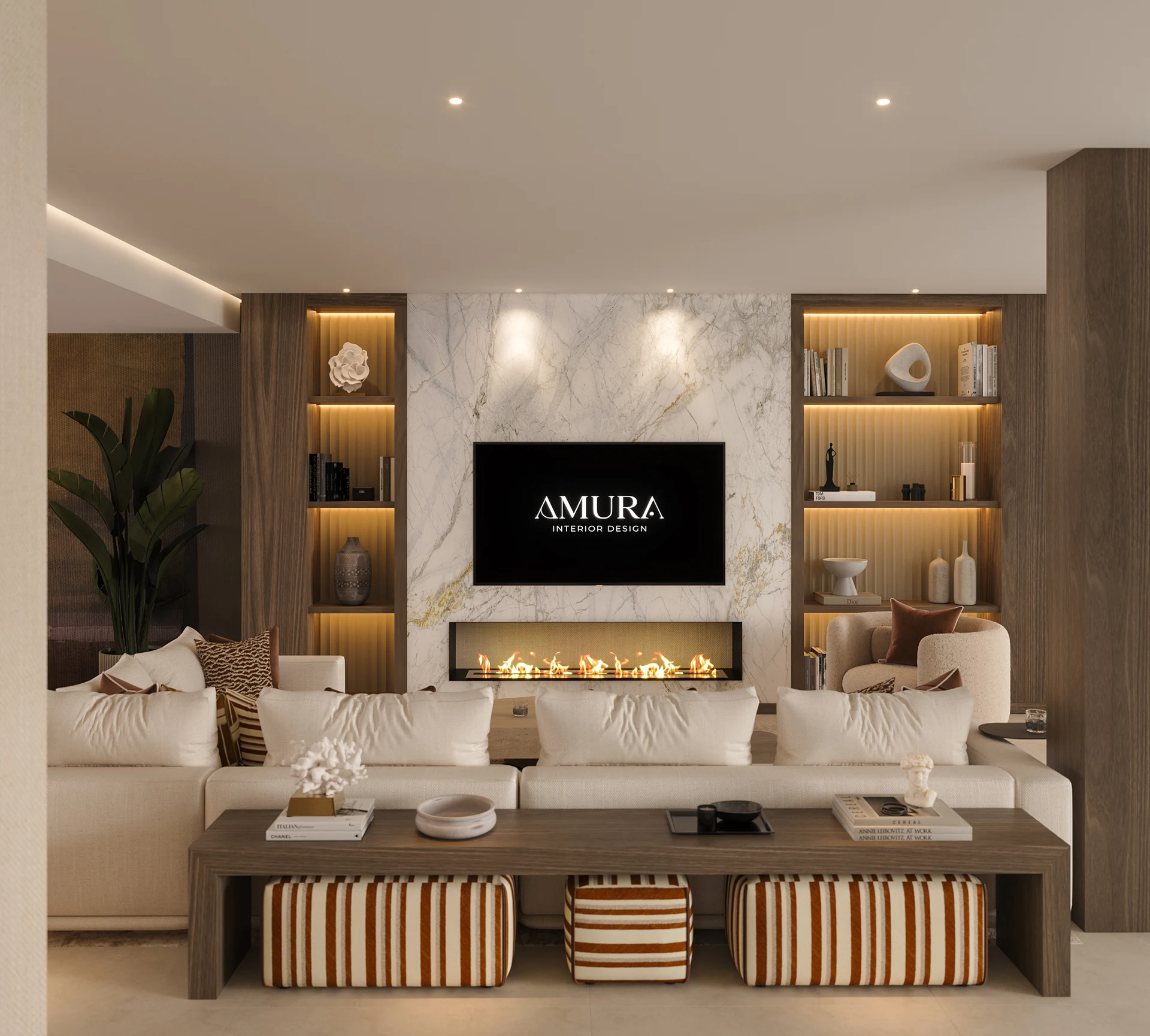 Living room visualisation with pale sofas and a stone-effect fireplace wall