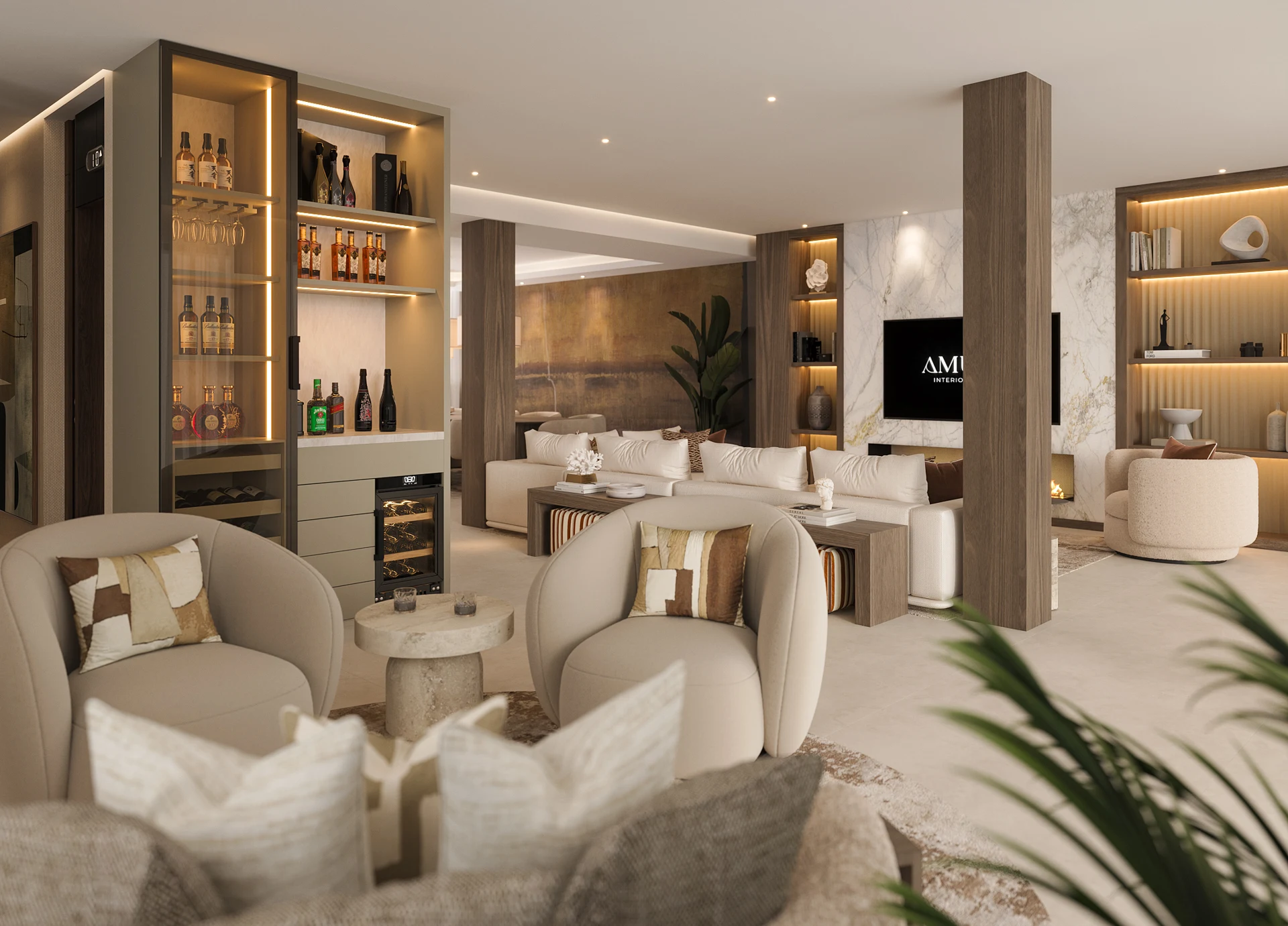 Open-plan lounge visualisation with a glazed drinks display and curved armchairs