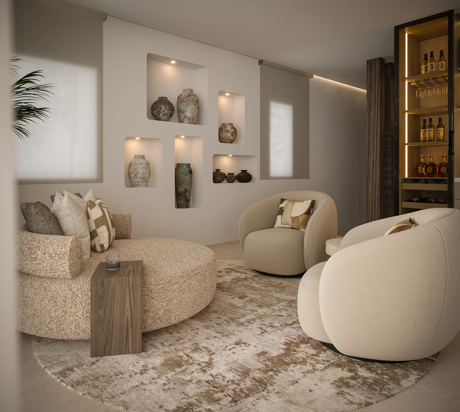 Reading corner visualisation with rounded seating and illuminated niches
