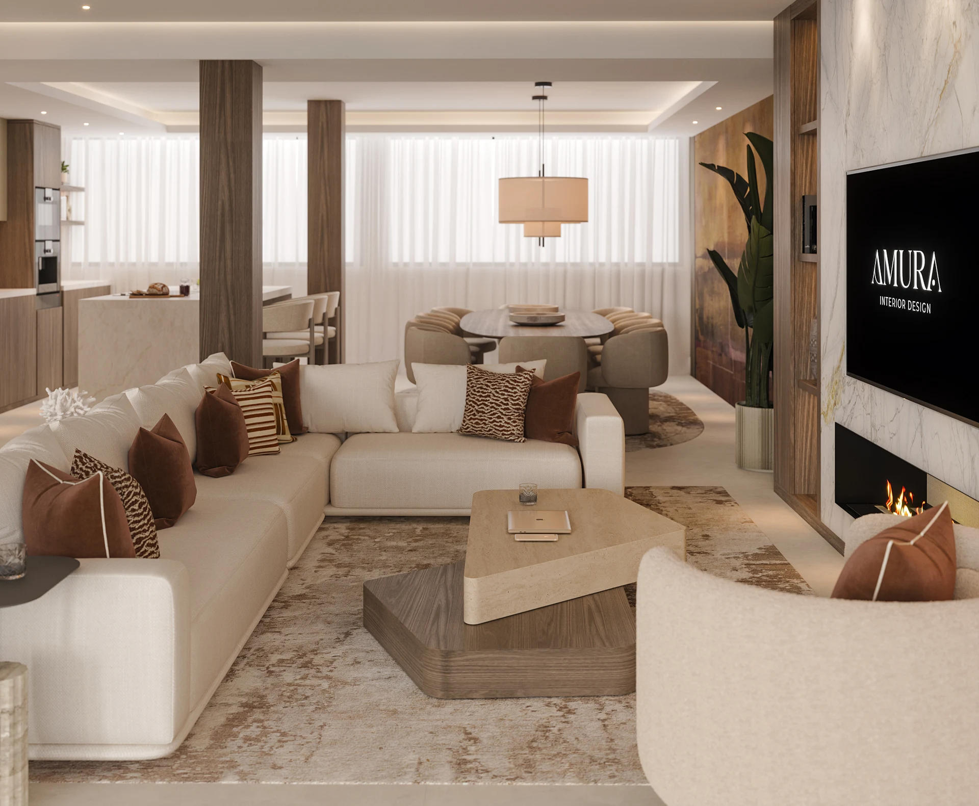 Living and dining room visualisation with layered neutral upholstery