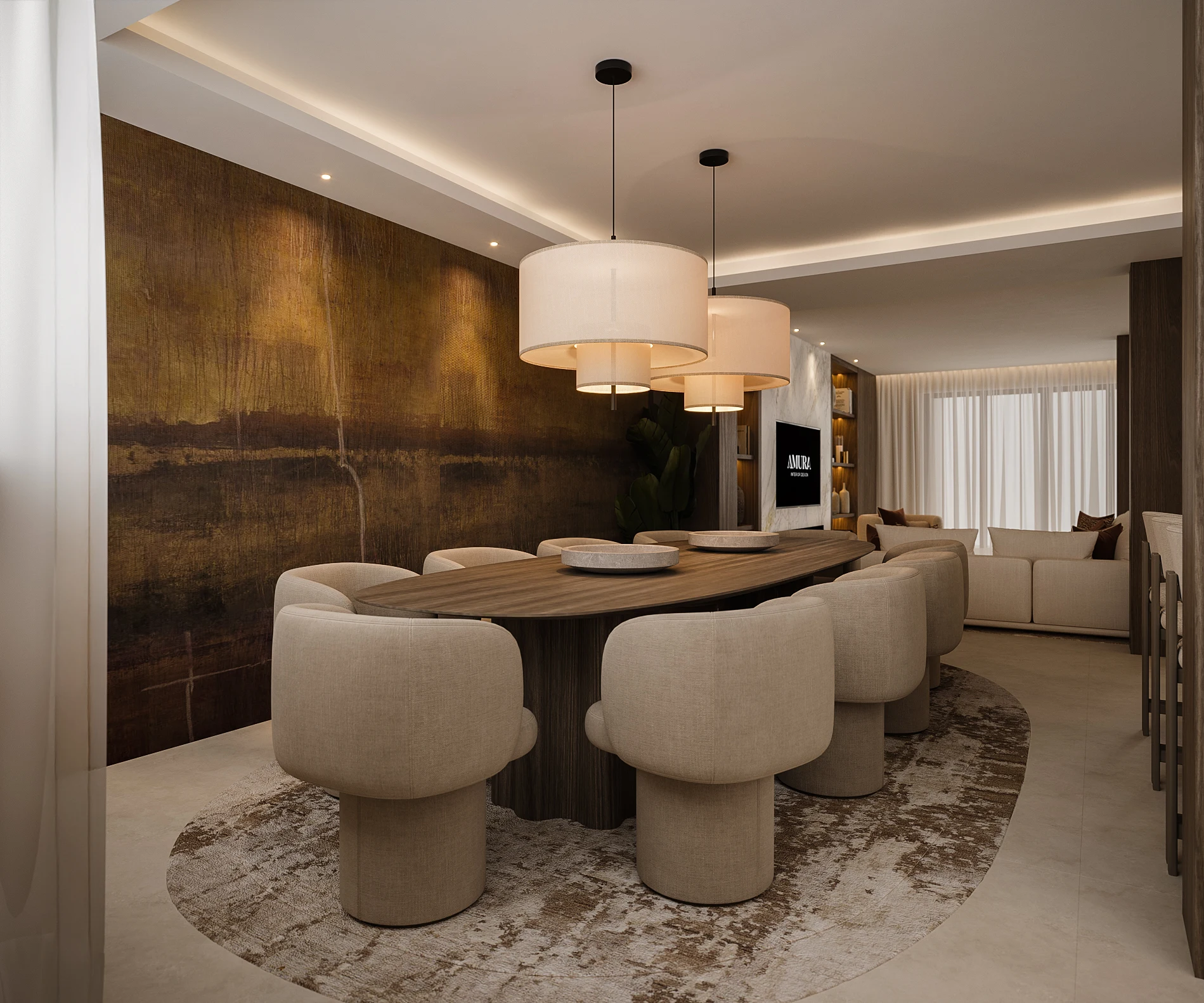 Dining room visualisation with a round table and warm metallic wall feature