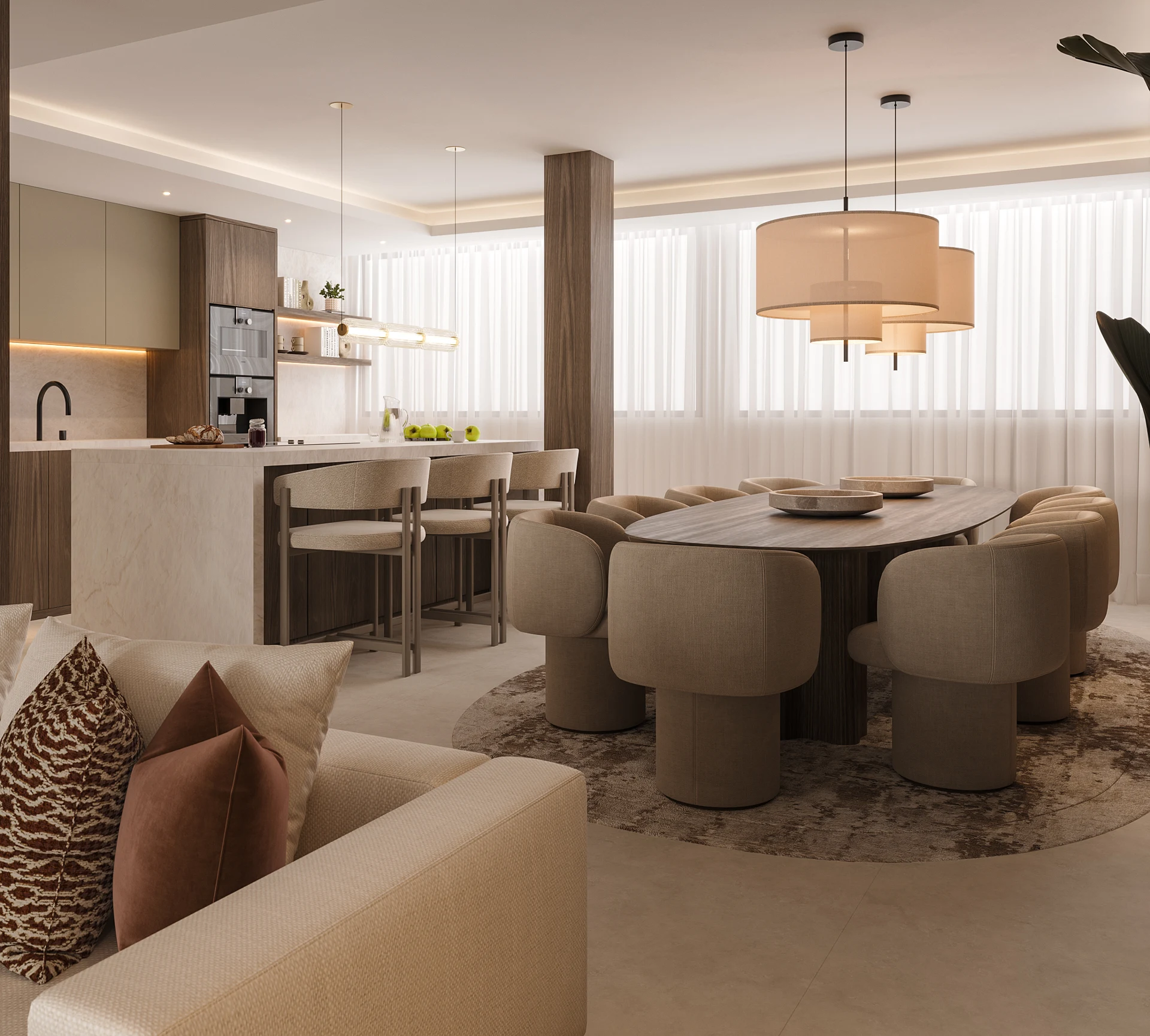 Dining and kitchen visualisation with upholstered chairs and pendant lights