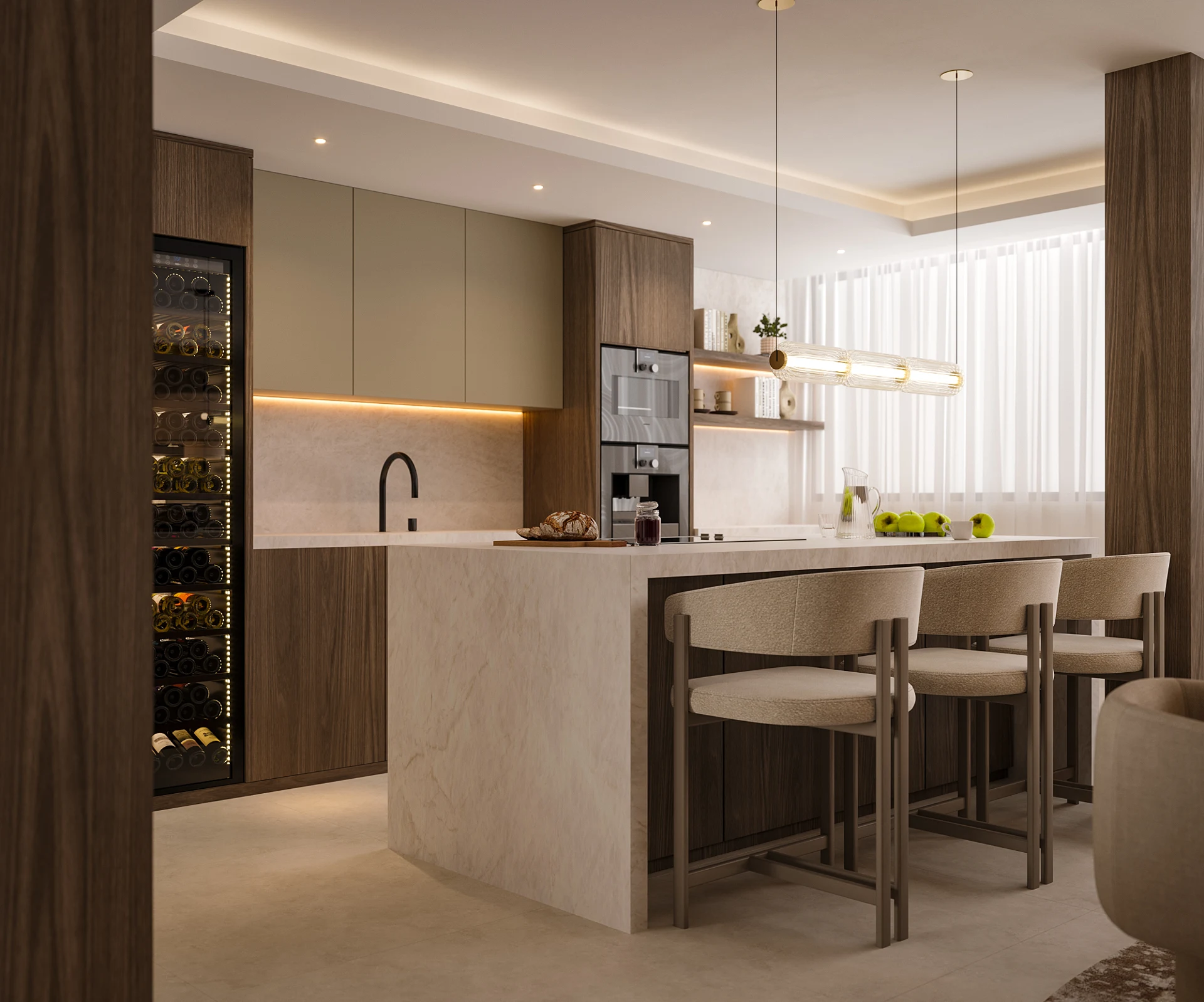 Kitchen visualisation with island seating and timber-fronted cabinetry