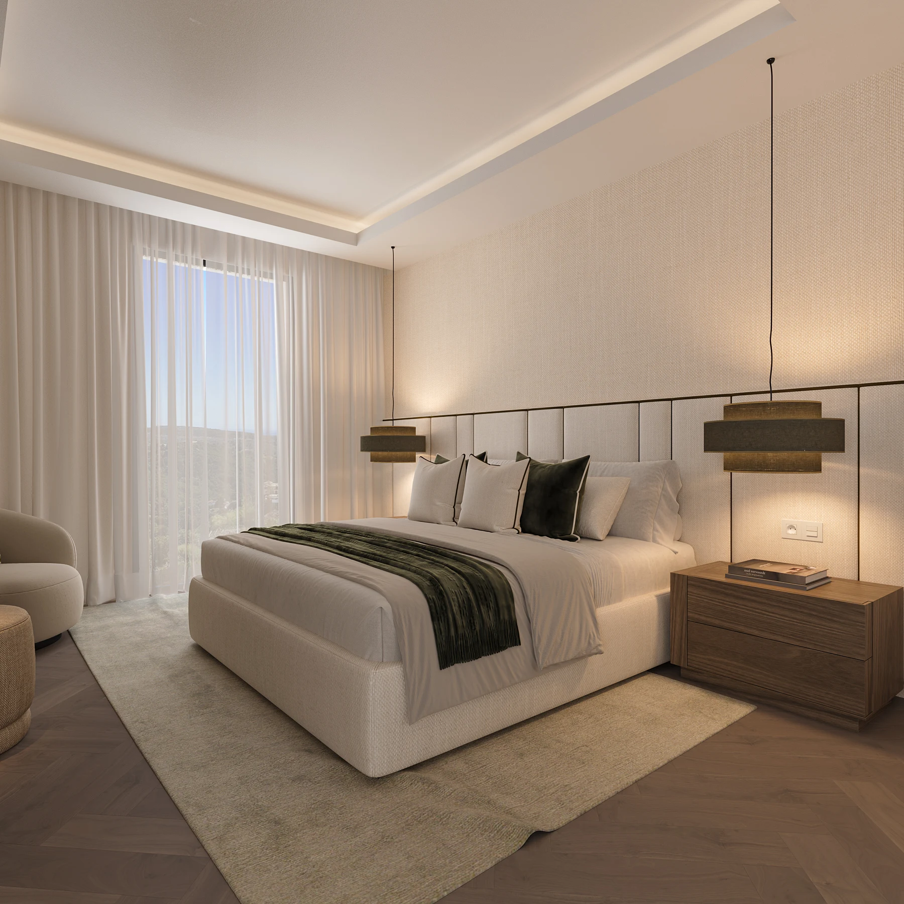Bedroom visualisation with upholstered bed and indirect perimeter lighting