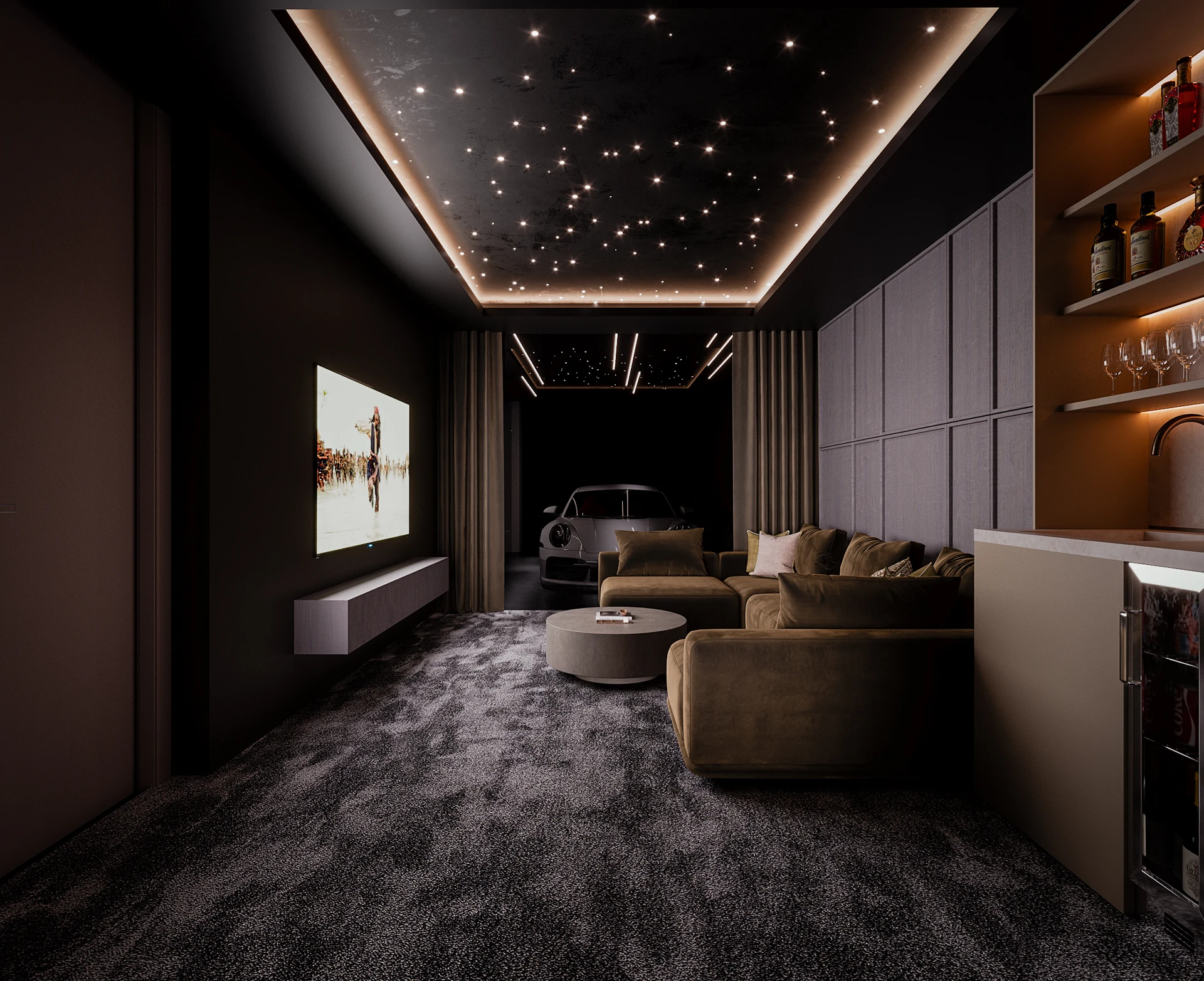 Private cinema visualisation with reclining seats and a star-effect ceiling