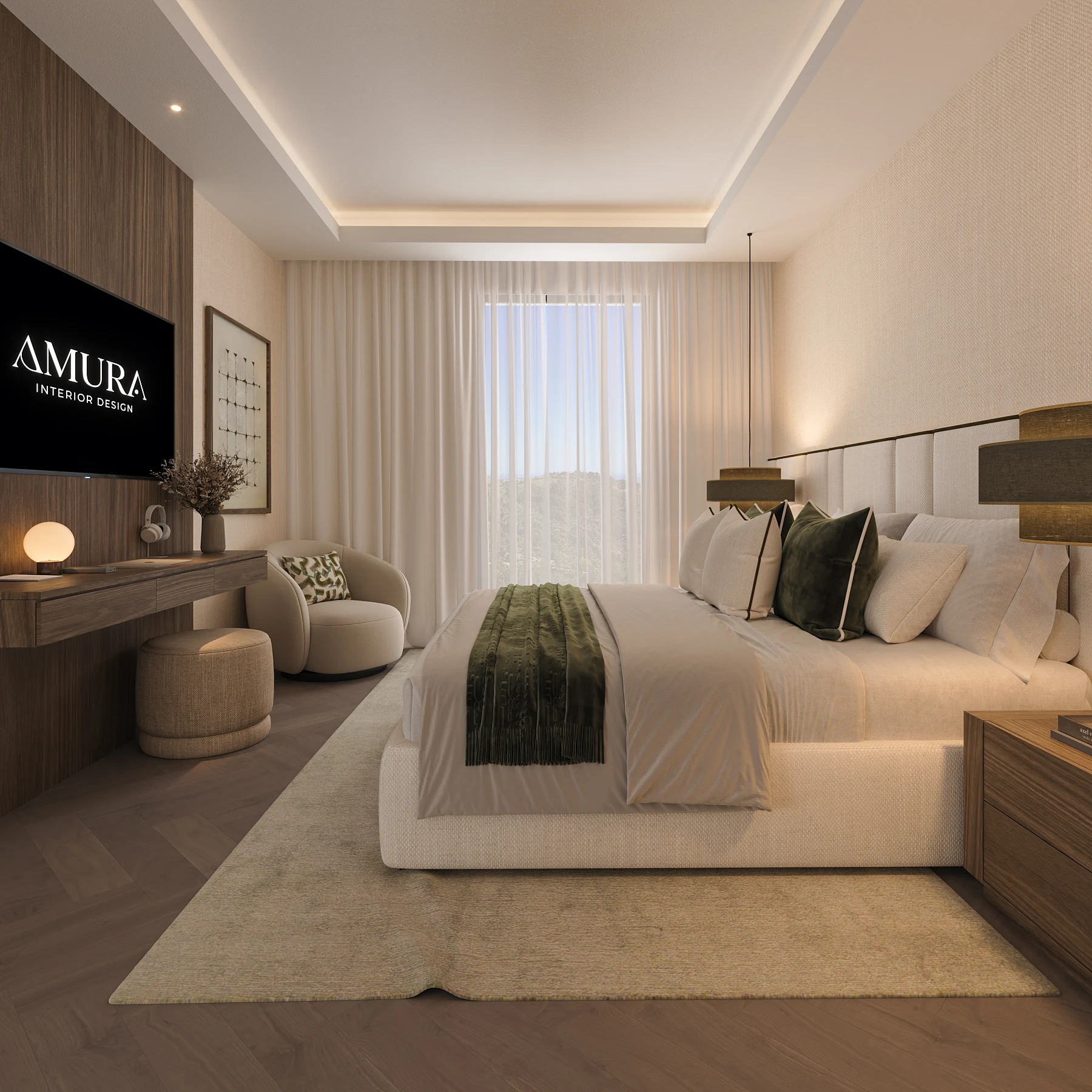 Bedroom visualisation with textured upholstery and timber wall detailing