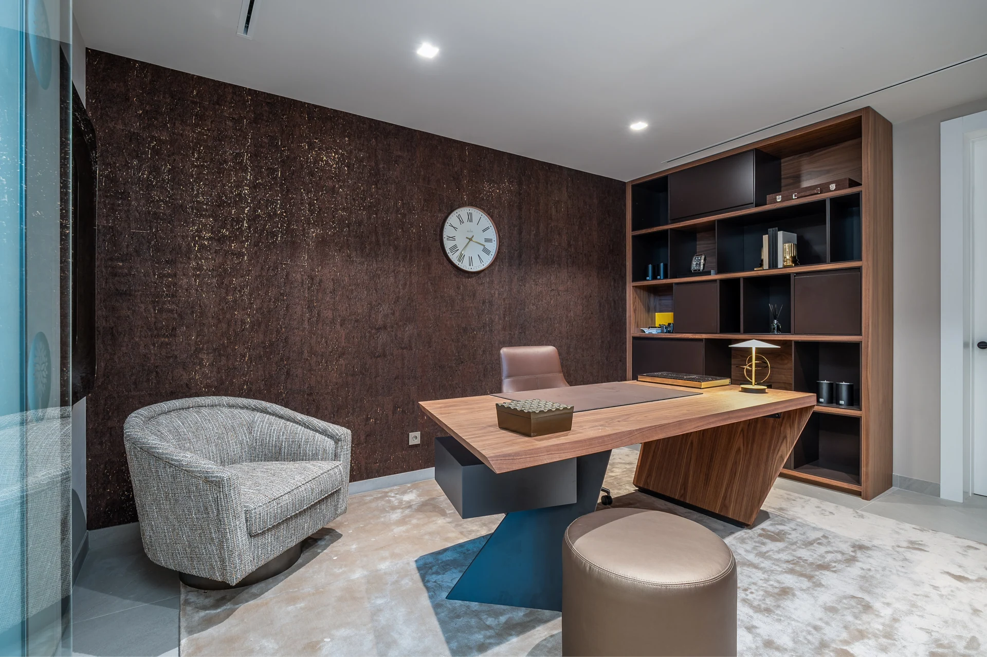 Private study with timber desk and fitted shelving