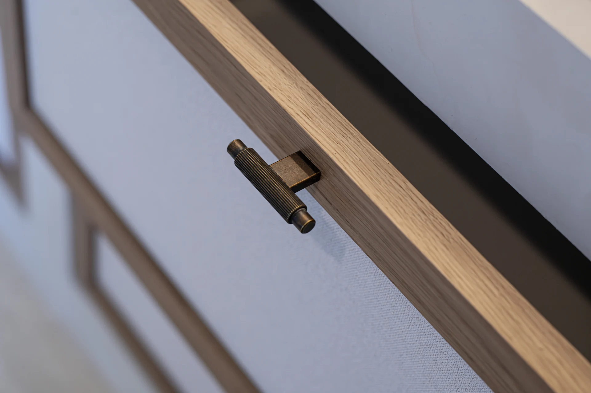 Detail of a cabinet handle and textured joinery