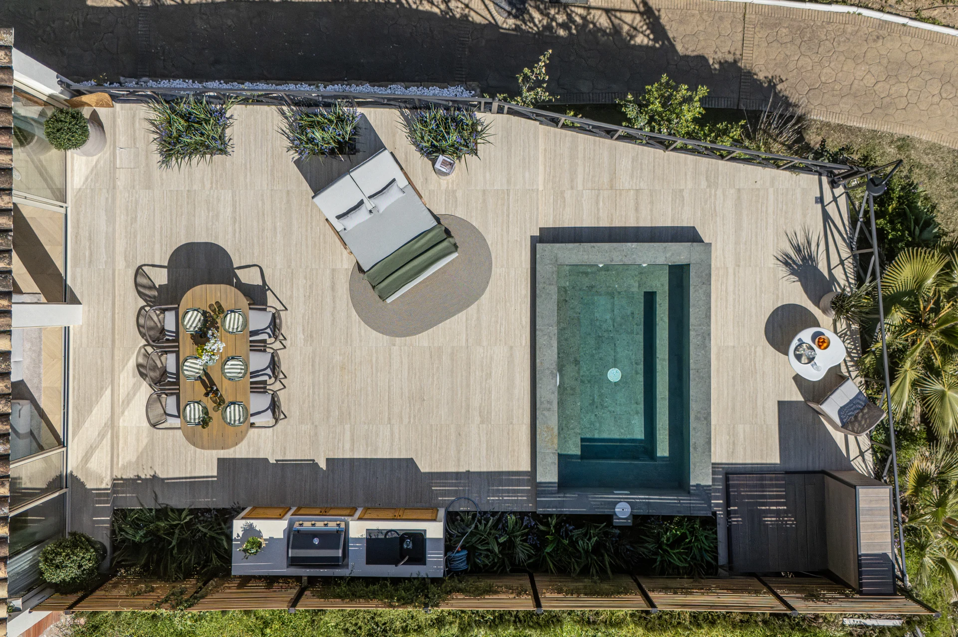 Overhead view of the terrace pool and outdoor seating