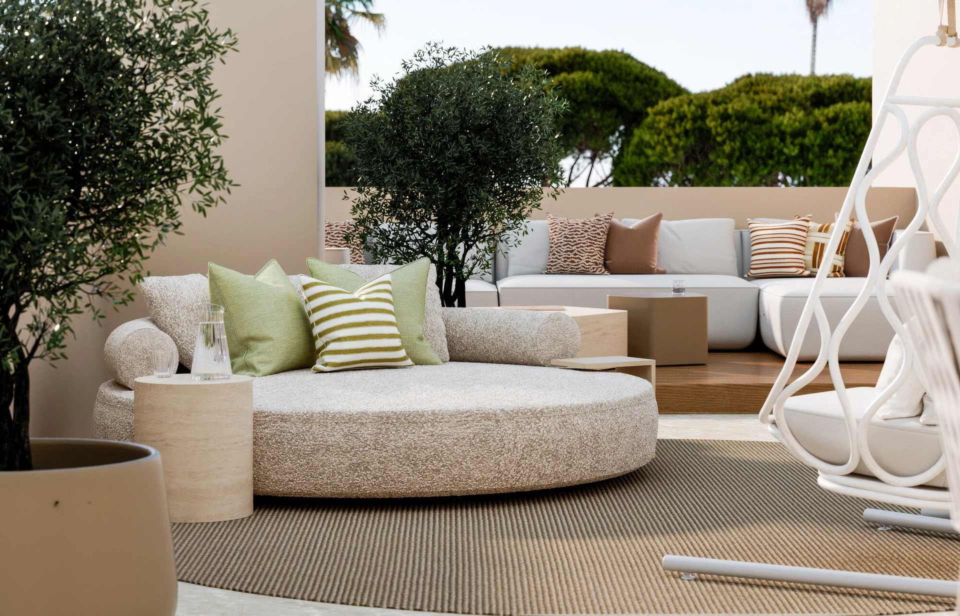 Textured upholstery and soft cushions in an outdoor living area