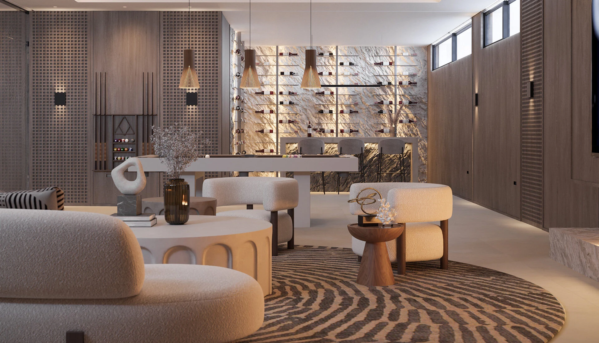 Illuminated natural stone feature in a contemporary interior