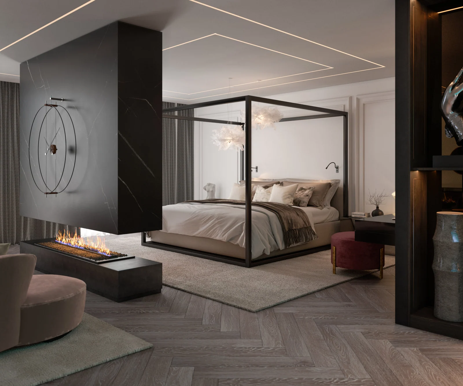 Render de dormitorio principal contemporáneo en Marbella