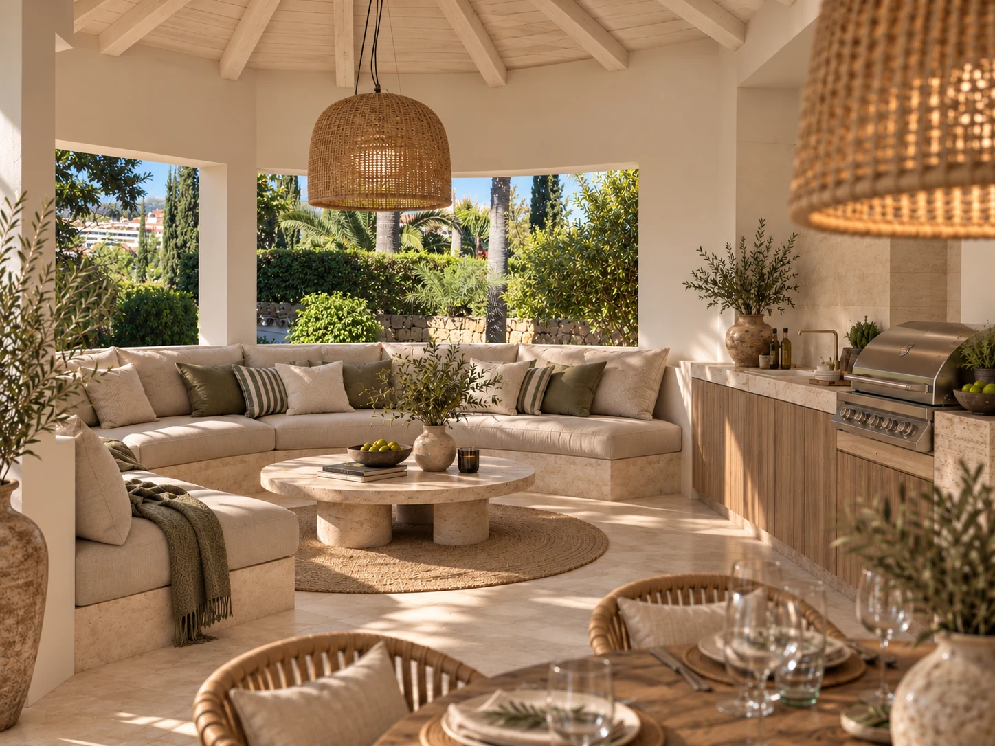 Proposed Mediterranean garden pavilion design with built-in seating, woven lighting and an outdoor kitchen